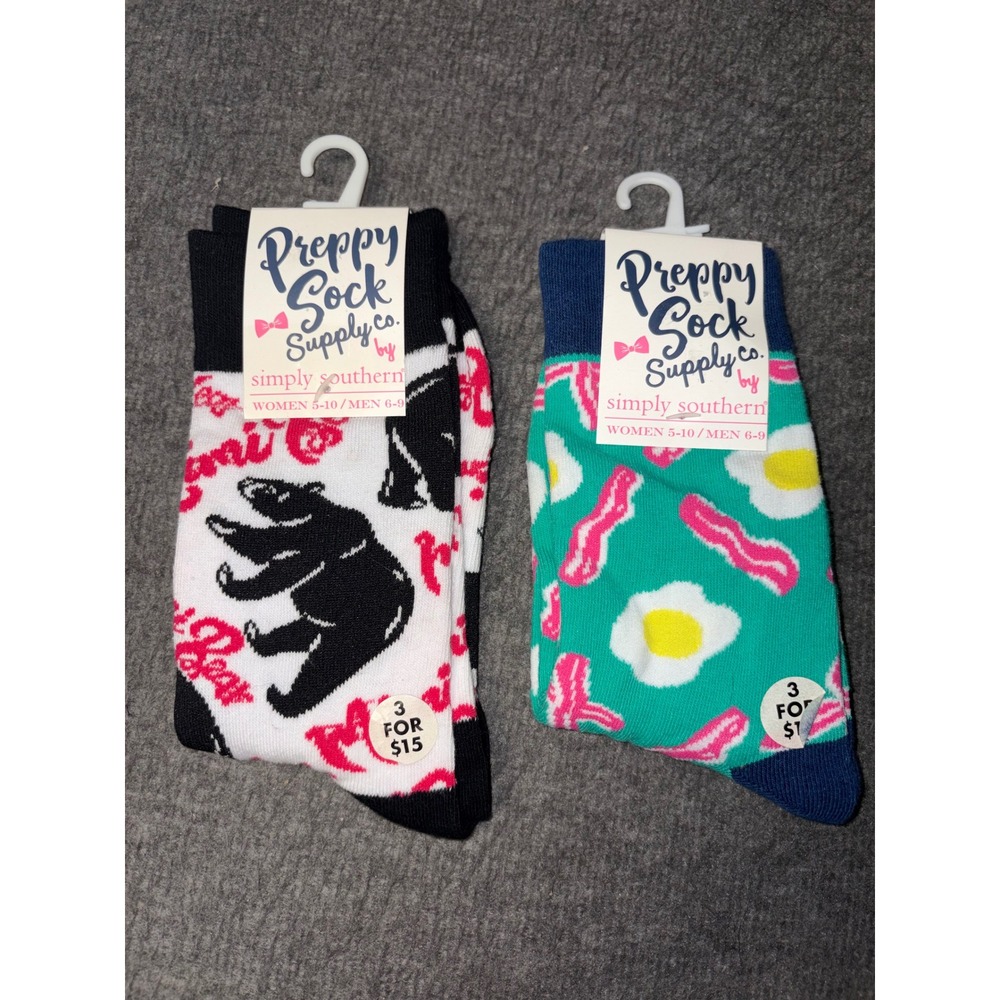 Simply Southern Preppy Sock Supply Co Mama Bear Bacon Eggs Crew Socks 2 Pair NEW